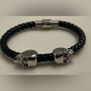 Leather Goth Skull, Black Bracelet magnetic Clasp Gothic unisex Halloween
